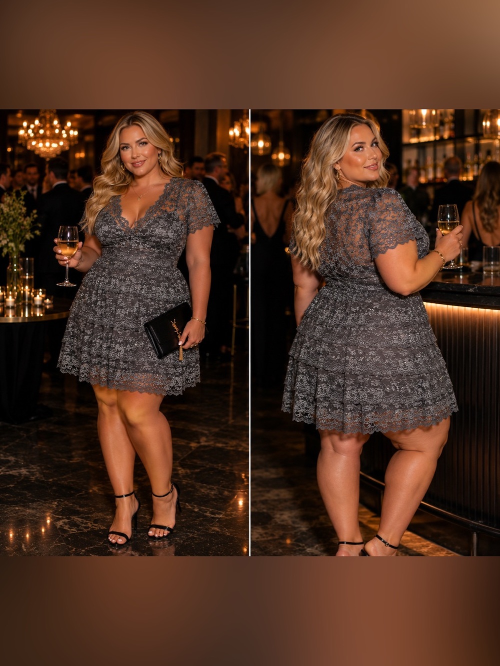 Avenue Grey Plus Size 16 Taupe Sequin Lace Cocktail Dress Tiered Party Wedding